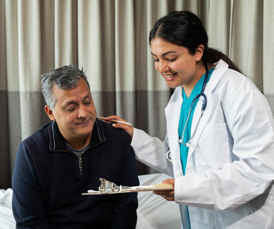 Patient consulting back pain professional about back pain caused by hybrid job