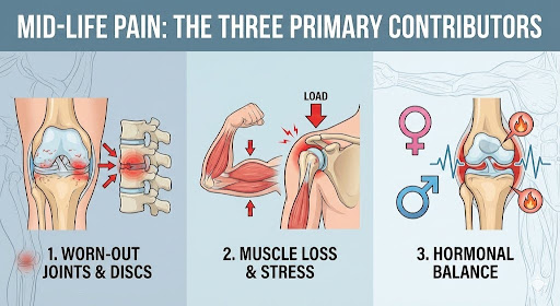Table showing three primary contributors to mid-life pain over 40