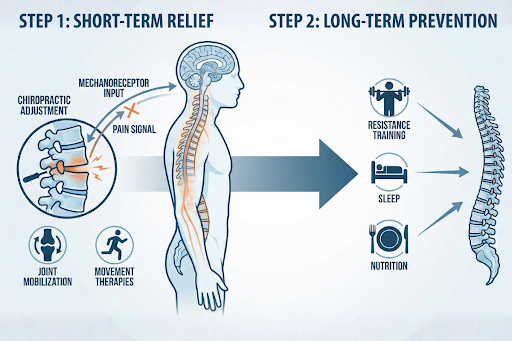 Infographic showing short-term relief and long-term prevention strategies for mid-life pain and pain over 40